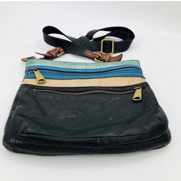 Fossil Explorer Crossbody Purse Bag Black Blue Leather Triple Zip Distressed - Picture 2 of 6